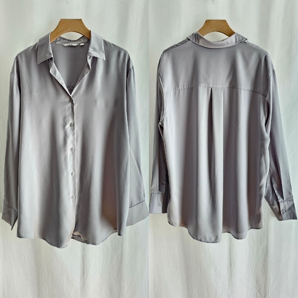 🇯🇵 Uniqlo Long Sleeve Grey Satin Button Blouse - Picture 10 of 16